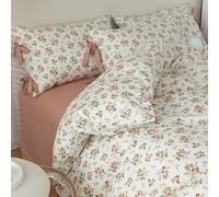 mixinni Garden Style Girls Pink Flower Leaves Pattern Duvet Cover Set Queen Floral 3Pcs Cotton Bedding Set 1 Duvet Cover with 2 Bow Tie Pillowcases for Women, Easy Care, Soft Breathable-Queen Size
