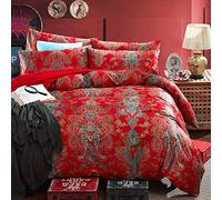 mixinni King Size Duvet Cover Set Paisley Light Blue Long Staple Cotton Percale Farmhouse Pattern Duvet Cover on Red Vintage Floral Bedding Comforter Cover with 2 Pillowcases Perfect for Him and Her