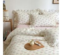 mixinni Pink Floral Duvet Cover Set Full Size - 100% Cotton Ruffle Lace Bedding Set for Girls, Romantic Cottagecore Style Duvet Cover with Zipper Closure, Soft Aesthetic Princess Bedding-Full