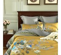 mixinni Queen Size Duvet Cover Set - 3PC Garden Style Long Staple Cotton Golden Floral Bedding, Chinoiserie Chic Botanical Print, Reversible Design, Zipper Closure, Soft & Breathable for Him & Her