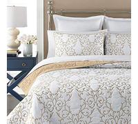 mixinni Quilt Twin Size Reversible 2-Piece Beige Embroidery Pattern Elegant Quilt Set with Embroidered Decorative Sham Soft Bedspread&Coverlet Set-Twin