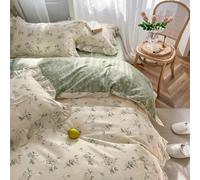 mixinni Reversible Green Floral Duvet Cover Set King Size - 100% Cotton Botanical Bedding Set with Ruffle Lace, 3PCs Beige Soft Aesthetic Cottagecore Style Duvet Cover for Girls