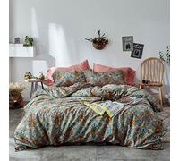 mixinni Vintage Style Garden Flower Duvet Cover Set with Zipper Closure Long Staple Percale Cotton Yellow Vibrant Pattern on Blue Bedding Quilt Cover Set(King, All Season)