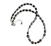MIXIUJIEN Natural Hematite Beaded Necklace with White Spacer Beads, Spotted Stone Accent and Silver Bamboo Detail, Adjustable Lobster Clasp Necklace for Men Women