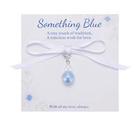 MIXJOY Wedding Day Something Blue Bridal Gift - White Ribbon Blue Pearl Bouquet Garter Charm for Bride to Be, Bridal Shower Gifts, Elegant Pearl Wedding Accessory, Bachelorette Party Gift