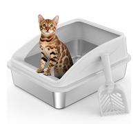 MIXJOY XL Stainless Steel Cat Litter Tray with Lid, 18 L Extra Large Metal Box for Big Cats, 43x33x20 cm, Enclosed Litter Box High Sided, Non-Sticky, Include Litter Scoop, Silver