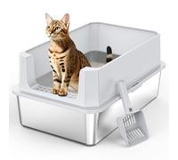 MIXJOY XL Stainless Steel Cat Litter Tray with Lid, 37L Extra Large Metal Box for Big Cats, 58x38x28 cm, Enclosed Litter Box High Sided, Non-Sticky, Include Litter Scoop, Silver