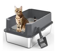 MIXJOY XL Stainless Steel Cat Litter Tray with Lid, 37L Extra Large Metal Box for Big Cats, 58x38x28 cm, Enclosed Litter Box High Sided, Non-Sticky, Include Litter Scoop, Gray