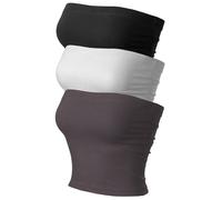 MixMatchy Women's 3 Pack Casual Summer Ruched Side Backless Double Layered Tube Top with Built in Shelf Bra, 3pack - Black/White/Ash Grey, XS
