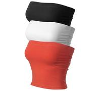 MixMatchy Women's 3 Pack Casual Summer Ruched Side Backless Double Layered Tube Top with Built in Shelf Bra, 3pack - Black/White/Tomato Red, S