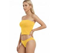 MixMatchy Women's Casual Summer Ruched Side Backless Double Layered Tube Top with Built in Shelf Bra, Yellow, XS
