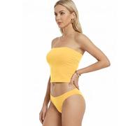 MixMatchy Women's Casual Summer Ruched Side Backless Double Layered Tube Top with Built in Shelf Bra, Cream Yellow, XS