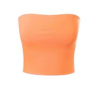 MixMatchy Women's Solid Casual Summer Ruched Side Double Layered Tube Top with Cotton Shelf Bra, Neon Orange, XS