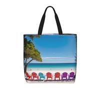 MIXMEY Color Chairs On The Beach Print Tote Bag Women Single Shoulder Leisure Bag Multi-Purpose Large Shopping Bag