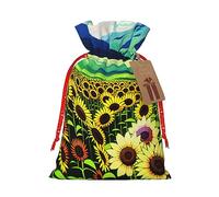 MIXMEY Sunflowers Over The Mountain And Fields Print Christmas Gift Bags Xmas Present Bags With Gift Tag Candy Bags For Wrapping Gifts For Halloween Birthday Wedding (S/M)