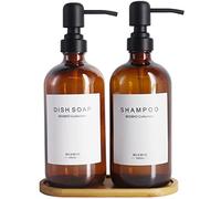 MIXMIO 2 Pack Amber Glass Soap Dispenser With Bamboo Tray and Stainless Steel Pump for Kitchen Bathroom, With 4 Waterproof Labels