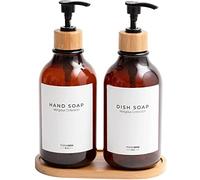 MIXMIO 2 Pack Soap Dispenser Set - 500ml Shampoo Dispenser - Pump Bottle Dispenser for Bathroom and Kitchen Includes Bamboo Pump, Tray and 4 Waterproof Labels - Brown