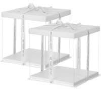 MIXMIO Clear Tall Cake Box, 2 PCS Transparent Carrier With Lids and Ribbon for 10 Inch Cakes, PET Packaging Boxes, Gift Boxes (White, 8 Inch)