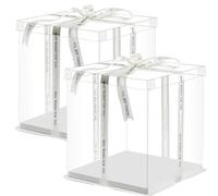 MIXMIO Transparent Tall Cake Carrier Boxes, 2 PCS With Lids And Ribbon for 10 Inch Cakes, PET Gift Boxes (Transparent, 10 Inch)