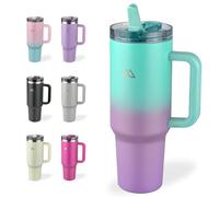 MIXOLOGIC 1.2L Flip Straw Tumbler with Handle Lid - 40oz Stainless Steel Vacuum Insulated Double Walled Cup - Leakproof Thermal Travel Coffee Mug, Flask for Hot & Cold Drinks Bottle (Purple Green)