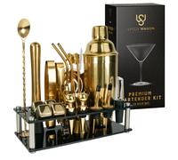 Mixology Bartender Kit - 24 Piece Gold Cocktail Shaker Set w/Stand - Essential Home Bar Accessories Martini Shaker, Jigger, Muddler, Chilling Cubes & More