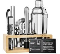 Mixology Bartender Kit with Stand - 15 Piece Bar Tool Set, Silver Bar Set Cocktail Shaker Set for Drink Mixing - Includes Martini Shaker, Jigger, Strainer, Bar Mixer Spoon, Tongs | Gift Idea (Natural)