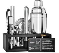 Mixology Bartender Kit with Stand - 15 Piece Bar Tool Set, Silver Bar Set Cocktail Shaker Set for Drink Mixing - includes Martini Shaker, Jigger, Strainer, Bar Mixer Spoon, Tongs, Opener | Gift Idea