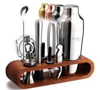 Mixology Cocktail Shaker Set - 10-Piece Cocktail Making Set - Home Bartender Kit in Bamboo Stand with Spoon, Boston Shaker, Other Tools for Drink Mixing, Martini, Mocktail - Gift Set (Silver)