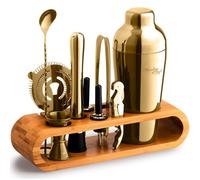 Mixology Cocktail Shaker Set - 10-Piece Cocktail Making Set - Home Bartender Kit in Bamboo Stand with Spoon, Boston Shaker, Other Tools for Drink Mixing, Martini, Mocktail - Gift Set (Gold)