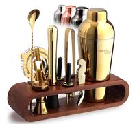 Mixology Cocktail Shaker Set - 10-Piece Cocktail Making Set - Home Bartender Kit in Mahogany Stand with Spoon, Boston Shaker, Other Tools for Drink Mixing, Martini, Mocktail - Gift Set (Gold)