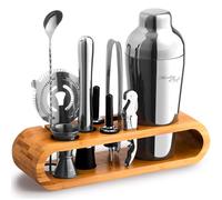 Mixology Cocktail Shaker Set - 10-Piece Cocktail Making Set - Home Bartender Kit in Mahogany Stand with Spoon, Boston Shaker, Other Tools for Drink Mixing, Martini, Mocktail - Gift Set (Silver)