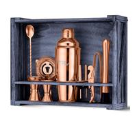 Mixology & Craft Cocktail Shaker Set - 11-Piece Cocktail Making Set w/Shaker & Rustic Wooden Stand - Bartender Kit and Cocktail Mixer Gift Set Copper