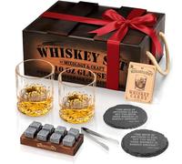 Mixology & Craft Whiskey Gift Set, Whiskey Glass Set with Rustic Wooden Crate, 8 Granite Whiskey Rocks Chilling Stones, 10oz Glasses, Raffle Gift for Men, Dad, Husband, Boyfriend - Jameson Dark Brown