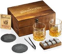 Mixology & Craft Whiskey Glasses Gift Set for Men 13-Piece with Pack of 2 Diamond Cut Glasses w/ 8 Granite Chilling Stones, 2 Coasters, Tongs & Cocktail Recipe Book in Wooden Crate