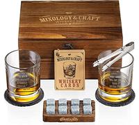 Mixology & Craft Whiskey Stones Gift Set for Men, 10 oz Whiskey Glasses w/ 8 Granite Chilling Rocks, 2 Coasters, Metal Tong & Cocktail Cards in Wooden Box - Round (Pack of 2)