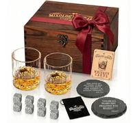 Mixology & Craft Whiskey Stones Gift Set: With Two 10oz Lead-Free Crystal Whiskey Glasses, 8 Whiskey Stones with Velvet Bag, 2 Slate Coasters & Recipe Cards in Wooden Crate | Great Holiday Gift