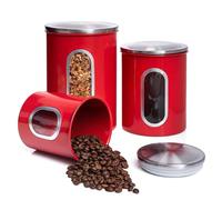 MiXPRESSO 3 Piece Red Canisters Set for Kitchen, Jars With See-Through Window, Airtight Coffee Container, Tea Organizer, and Sugar Canister - Kitchen Decor
