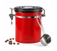 Mixpresso Red Coffee Canister, Airtight Coffee Bean Storage Container 16oz | Stainless steel container with date tracker lid and spoon for ground coffee, sugar, tea, espresso, flour & dry foods