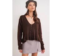MixRay Women's Lightweight V-Neck Knit Top with Button Detail in Dark Brown MixRay Dark Brown One Size