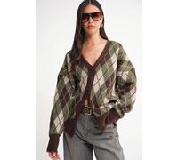 MixRay Women's Oversize Argyle V-Neck Buttoned Cardigan in Khaki MixRay Khaki One Size
