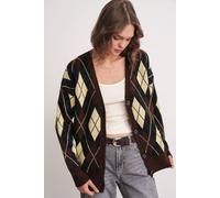 MixRay Women's Oversize Argyle V-Neck Buttoned Cardigan in Light Brown MixRay Light Brown One Size