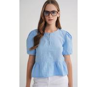 MixRay Women's Textured Muslin Crew Neck Blouse with Button Closure in Baby Blue | Size: Large MixRay Baby Blue L
