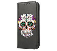 Mixroom - Book Case Cover for iPhone 12 Mini with Stand in Faux Leather Magnetic Closure Wallet Inner Part in Soft TPU Mexican Skull Pattern T450
