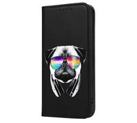 Mixroom - Book Case Cover for Samsung Galaxy A25 5G with Stand in Faux Leather Magnetic Closure Wallet Inner Part Soft TPU Design Dog Pug Glasses and Headphones R260