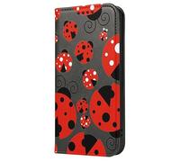 Mixroom - Book Cover Case for iPhone 16 Pro Max with Stand in Faux Leather Magnetic Closure Wallet Inner Part Soft TPU Ladybugs Lucky T304
