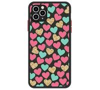 Mixroom - Cover Case for iPhone 12 Bumper Matte Camera Protection with Semi-Transparent Back Soft Edge TPU Black Colour Colourful Hearts Pattern and Gold T302