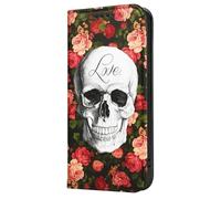 Mixroom - Flip Case Cover for iPhone 12 Mini with Stand in Faux Leather Magnetic Closure Wallet Inner Part Soft TPU Skull Love Pattern M573