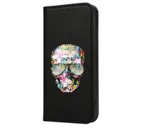 Mixroom - Flip Case Cover for iPhone 14 with Stand in Faux Leather Magnetic Closure Wallet Inner Part Soft TPU Floral Skull Pattern M572