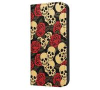 Mixroom - Flip Case Cover for iPhone 16 Pro Max with Stand in Faux Leather Magnetic Closure Wallet Inner Part Soft TPU Rose and Skull Pattern M726