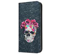 Mixroom - M589 Flip Case Cover for iPhone 12 / iPhone 12 Pro with Stand in Faux Leather Magnetic Closure Wallet Inner Part in Soft TPU Skull Pattern with Rose Hat